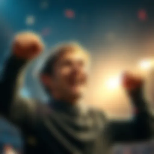 A person joyfully celebrating six months without betting, with a big smile and raised fists in triumph