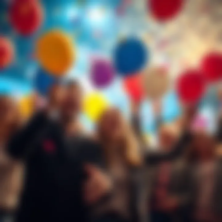 A group of happy people celebrating with balloons and confetti after a big win