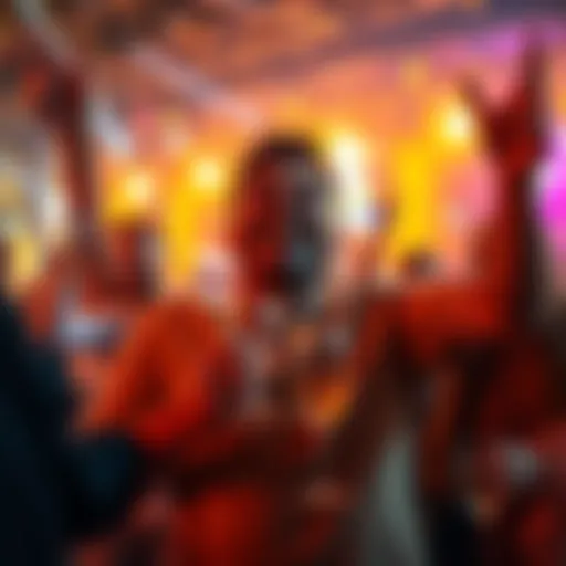 A joyful person celebrating a significant win at a lively event with friends.