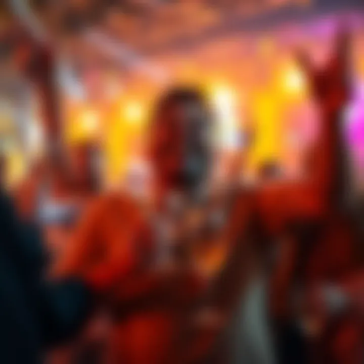 A joyful person celebrating a significant win at a lively event with friends.