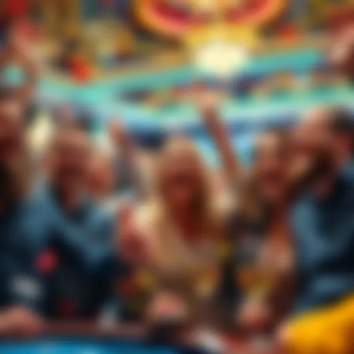 A group of excited players celebrating a significant win at a casino, showing smiles and cheers, with confetti around them.