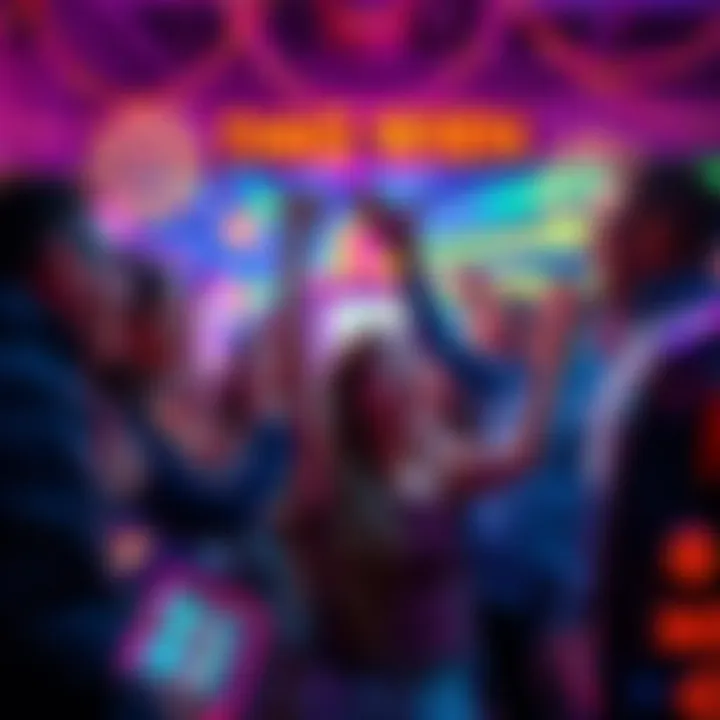 A group of excited people celebrating a big win at a slot machine, with colorful lights and decorations around them.