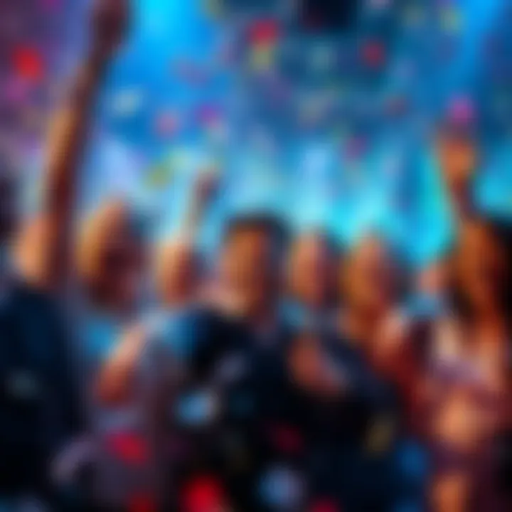 A group of happy people celebrating their wins in a cash pot event with confetti and cheerful expressions