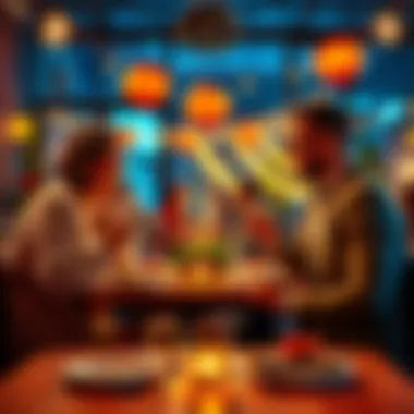 Celebration dinner after a big win A happy couple enjoying dinner together, celebrating a recent win, with a table set for two and a festive atmosphere