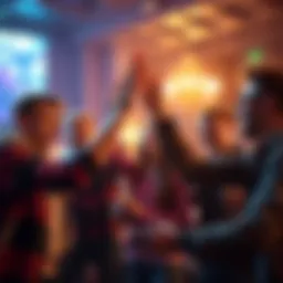 A group of friends celebrating after winning a live game, with smiles and high-fives.