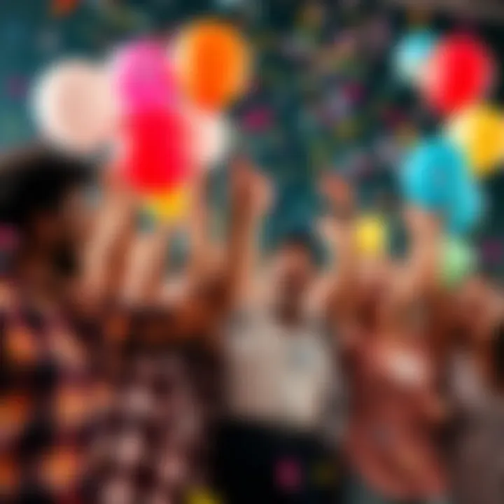 A group of diverse people cheering together, holding balloons and confetti during a joyful celebration.