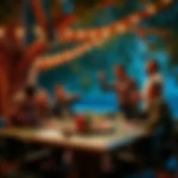 People celebrating a big win at a game table under an oak tree with smiles and excitement