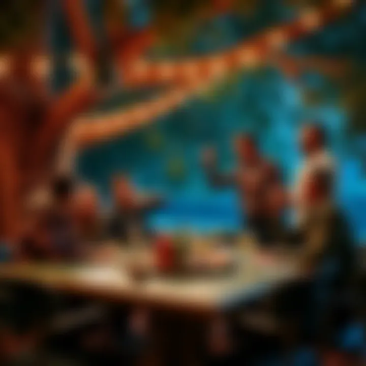 Celebration at the Oak Tree People celebrating a big win at a game table under an oak tree with smiles and excitement