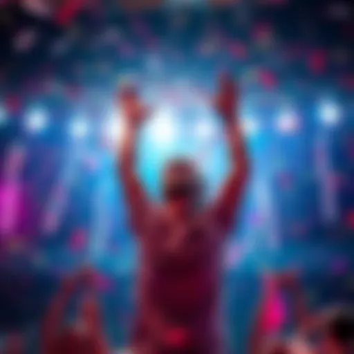 A person joyfully celebrating a personal milestone with arms raised in triumph, surrounded by vibrant confetti and bright lights.