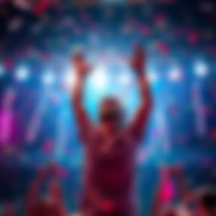 A person joyfully celebrating a personal milestone with arms raised in triumph, surrounded by vibrant confetti and bright lights.
