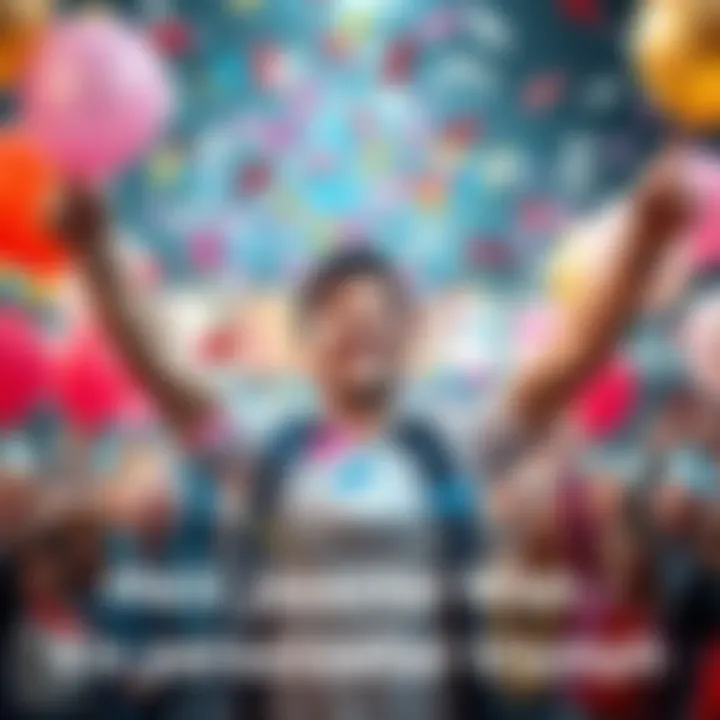 A person joyfully celebrating a significant win, with arms raised and a smile on their face, surrounded by confetti and balloons