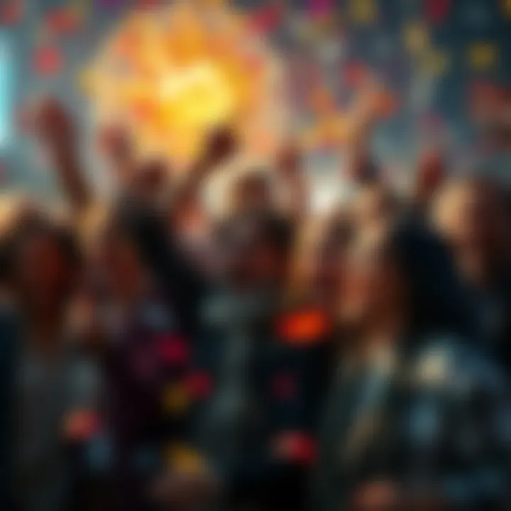 A group of happy people celebrating together with confetti and smiles, showing excitement for new developments.