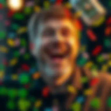 A person celebrating their retirement from gambling with a joyful expression, surrounded by confetti and symbols of luck like four-leaf clovers.