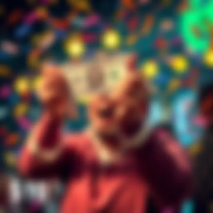 Celebration of $10 Money Mania Reward A person joyfully holding a $10 bill with confetti falling around them, symbolizing excitement and reward.