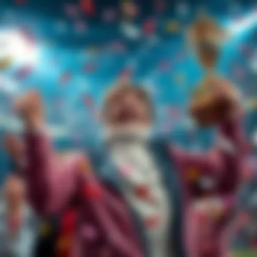 A person joyfully celebrating their fourth win with a trophy and confetti