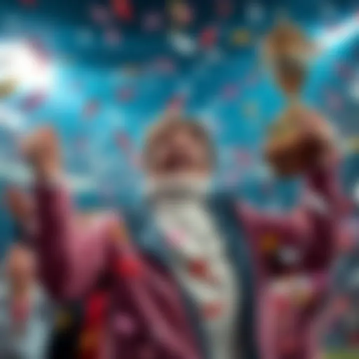 A person joyfully celebrating their fourth win with a trophy and confetti