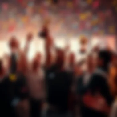People celebrating their achievements with trophies and confetti in a joyful atmosphere