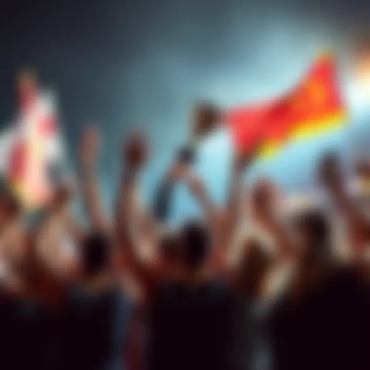Celebration of Success A group of people cheering and celebrating a recent achievement together, holding trophies and flags, embodying the spirit of 'Nice Back To Back' successes.