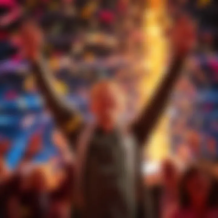 Celebration of Success A person celebrating a major achievement with arms raised in joy, surrounded by confetti and smiling friends.