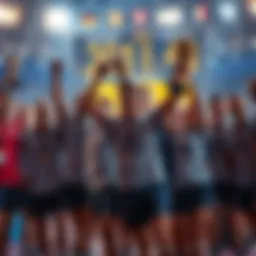 A group of athletes celebrating with trophies after winning matches, displaying a mix of joy and determination, with a scoreboard showing recent results in the background.
