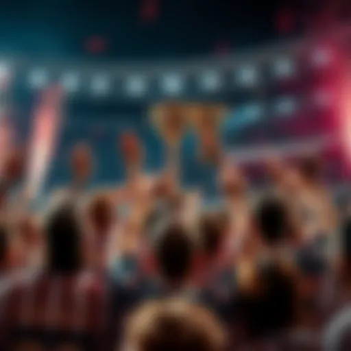 Celebration of Victory A group of people celebrating a sports victory with trophies and cheers in the background.