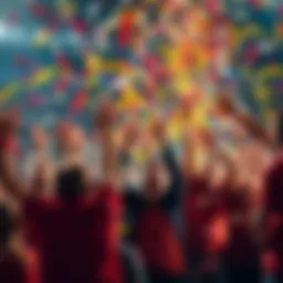 A group of happy people celebrating a successful 3-0 match result with confetti and cheers.