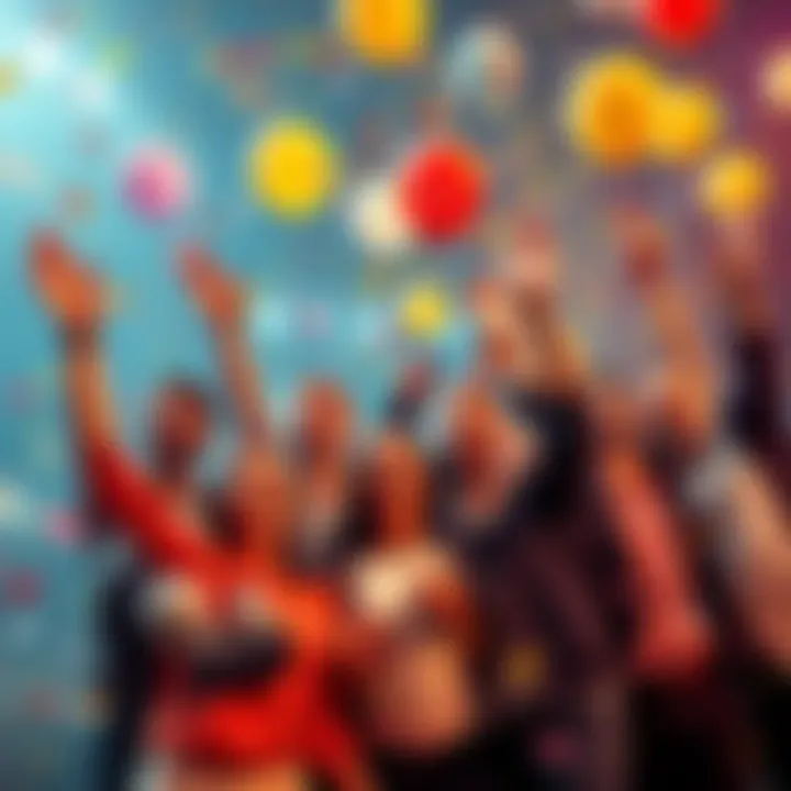 Group of happy people celebrating success with confetti and balloons