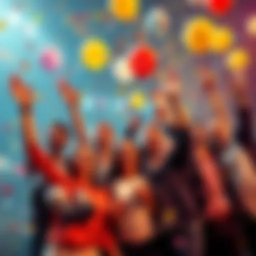 Celebration of Winners Group of happy people celebrating success with confetti and balloons