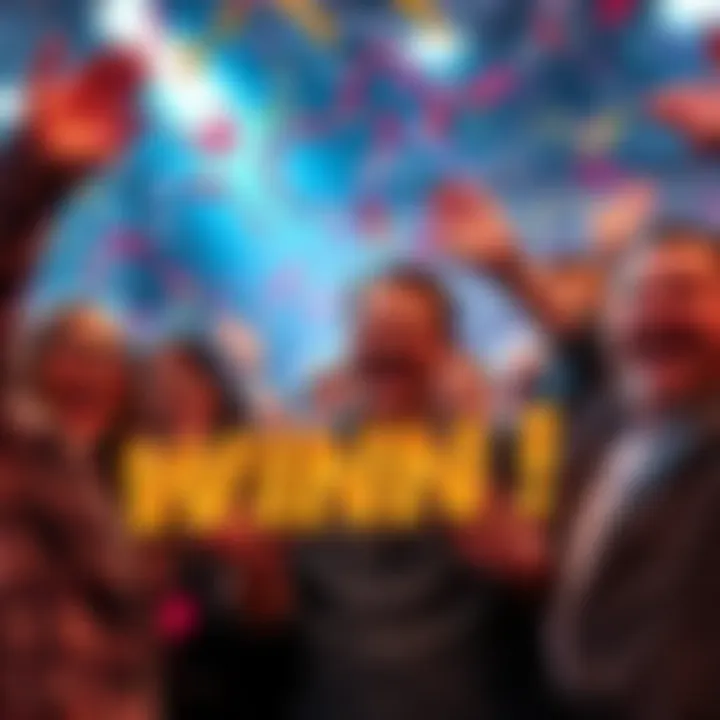 A group of happy people celebrating a big win with confetti and smiles