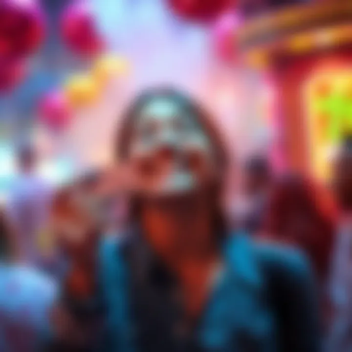 A person smiling with a small winning ticket in hand, showing mixed emotions of joy and regret, surrounded by a playful atmosphere