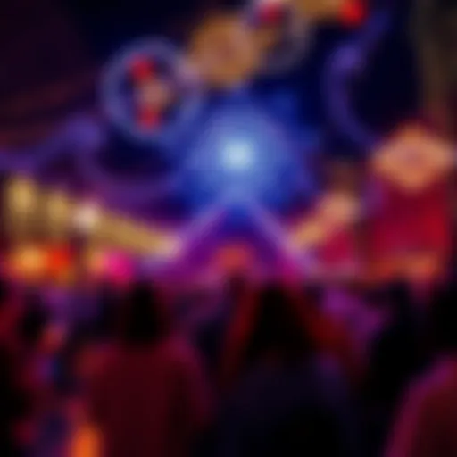 People celebrating under colorful lights with festive decorations.