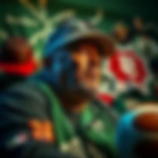 A Celtics fan showing deep emotions, reflecting on the team's past struggles and disappointments, surrounded by team memorabilia