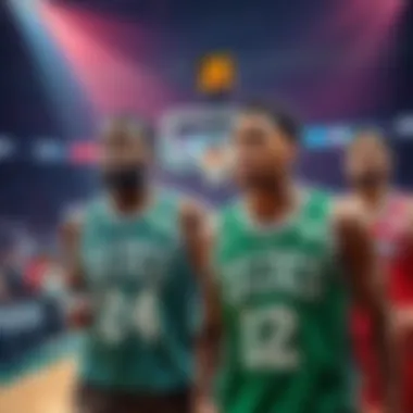 Basketball players from the Celtics and Sixers warming up on the court before their game, showcasing team jerseys and intense focus.