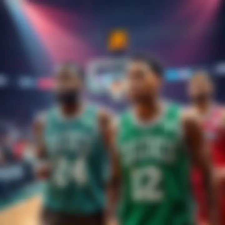 Basketball players from the Celtics and Sixers warming up on the court before their game, showcasing team jerseys and intense focus.