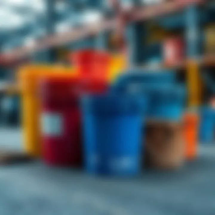 A variety of certified buckets for transporting materials in an industrial setting, showcasing different colors and sizes.