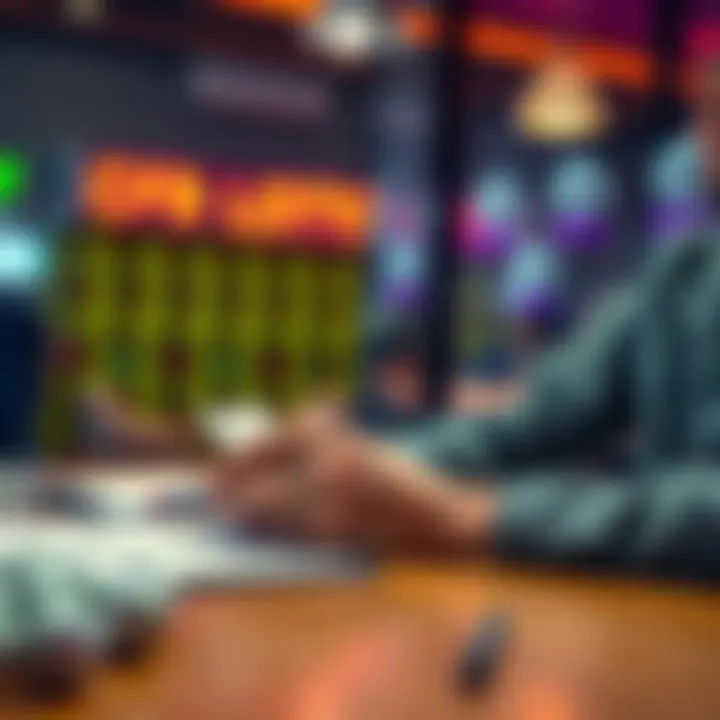 A person studying lottery numbers and strategies for winning at a table with a notepad and lottery ticket in hand