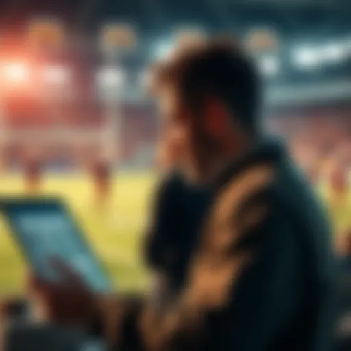 A person analyzing a sports betting chart with a football game in the background