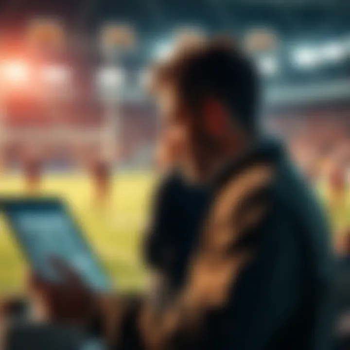 A person analyzing a sports betting chart with a football game in the background