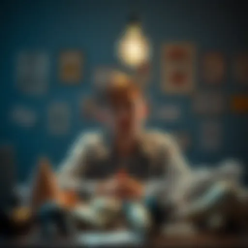 A person looking thoughtful while sitting at a desk, surrounded by problems, with a light bulb above their head symbolizing ideas and learning.