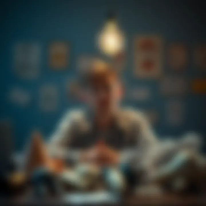 A person looking thoughtful while sitting at a desk, surrounded by problems, with a light bulb above their head symbolizing ideas and learning.
