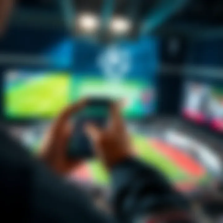 A person using a mobile app to place bets on Champions League matches, with football graphics in the background.