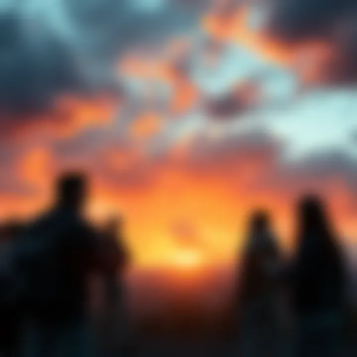 A group of people discussing potential future changes under a cloudy sky