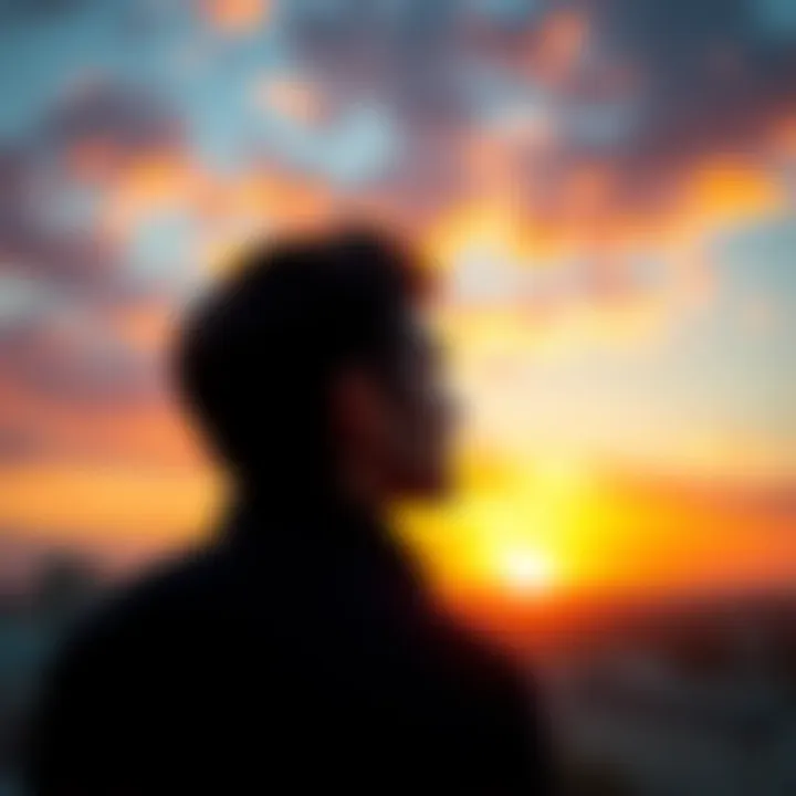 A person reflecting on their thoughts while looking outside at a vibrant sunset, symbolizing change in perspective.