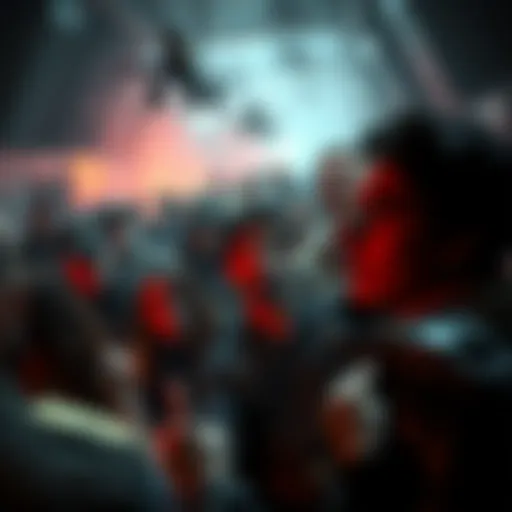 A chaotic scene with people looking concerned and confused in a dimly lit environment, showcasing the aftermath of an unexpected incident.