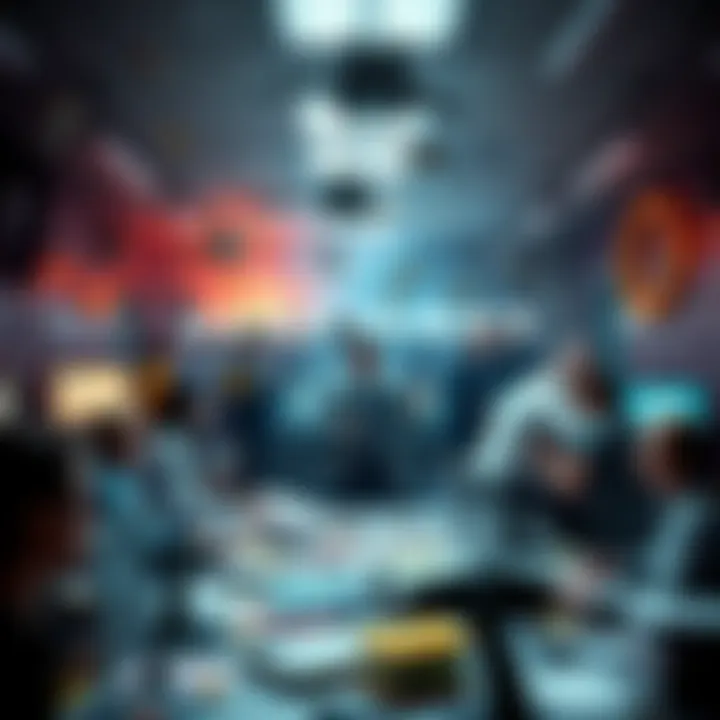 An office scene filled with busy people, papers scattered, and unexpected events happening around them.