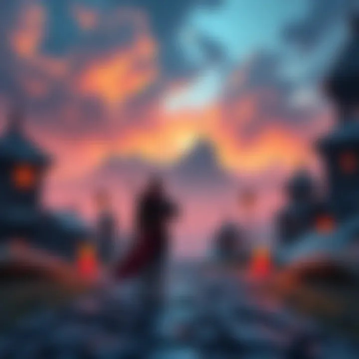 A game character preparing to restart their adventure, standing at a crossroads with a focused expression, surrounded by game landscapes, reflecting on past decisions.