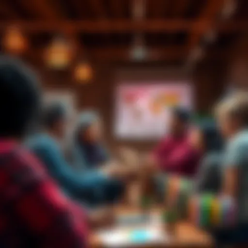 A group of diverse people discussing charity and donation options in a community setting, with charts and graphs showing the impact of giving on society.