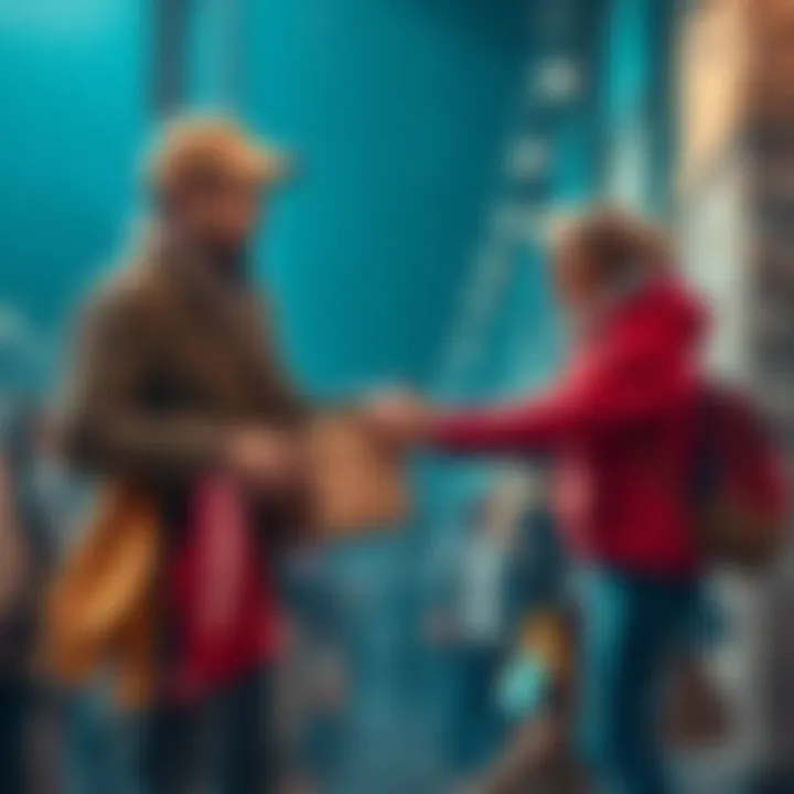 A person donating clothes to people in need while another person offers a helping hand, showing the difference between kindness and charity.