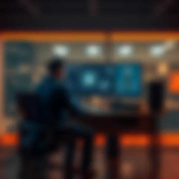 A person sitting at a desk, having a conversation with a digital screen displaying an AI interface, surrounded by tech gadgets.