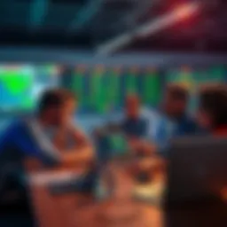 A group of people at a table looking at laptops and discussing sports betting strategies involving AI technology.